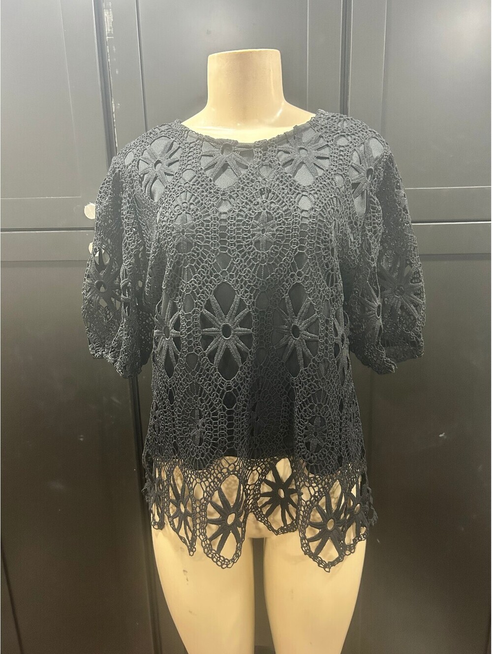 Ultra Pink Black Crochet Lace Blouse with Puff Sleeves